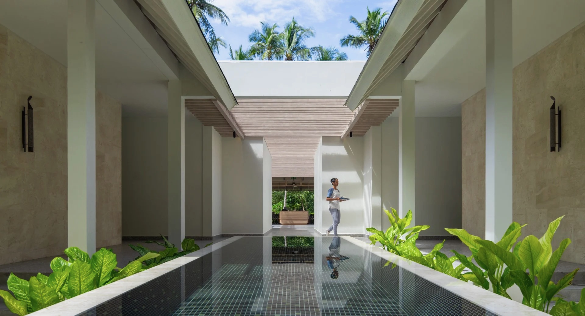 Spa entrance with reflecting pool