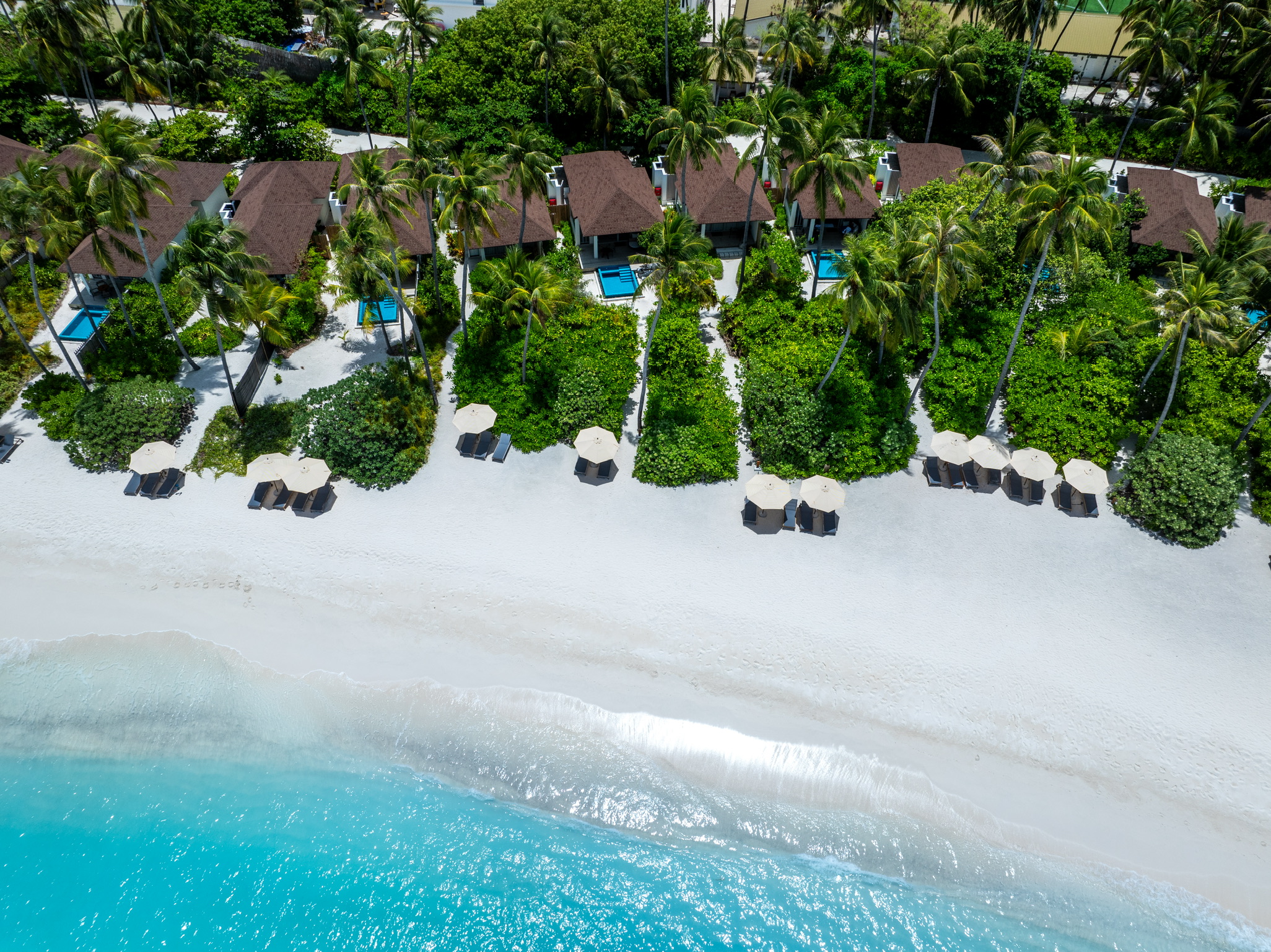 Aerial view of Maldives beach and villas